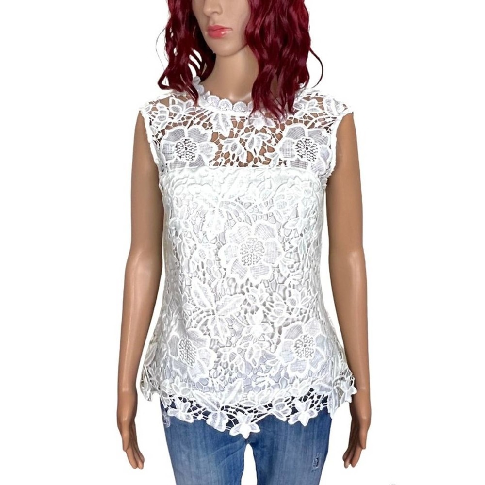 Nanette Lepore Womens Floral Lace Top Small White Sleeveless Scalloped Lined